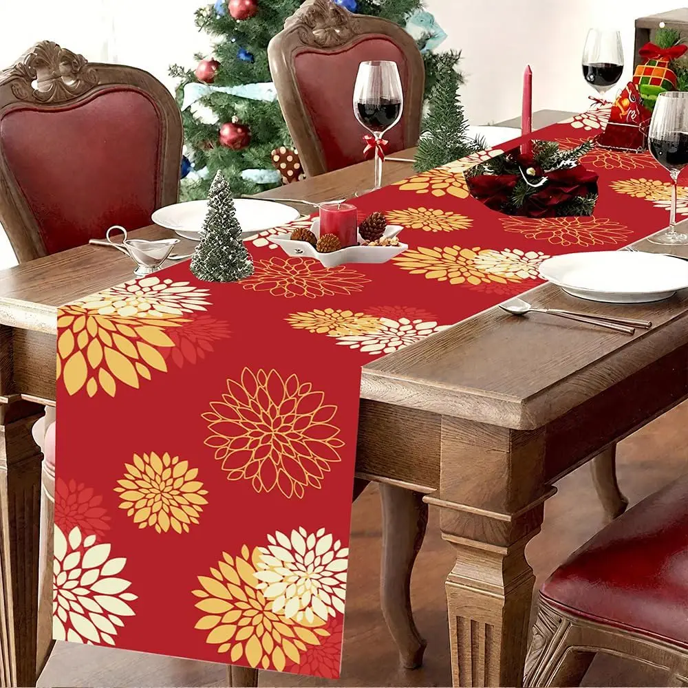 VIKAMA Red and Yellow Floral Tablecloth Waterproof and Oil-Resistant New Year Festival Home Kitchen Dining Room Party Decoration