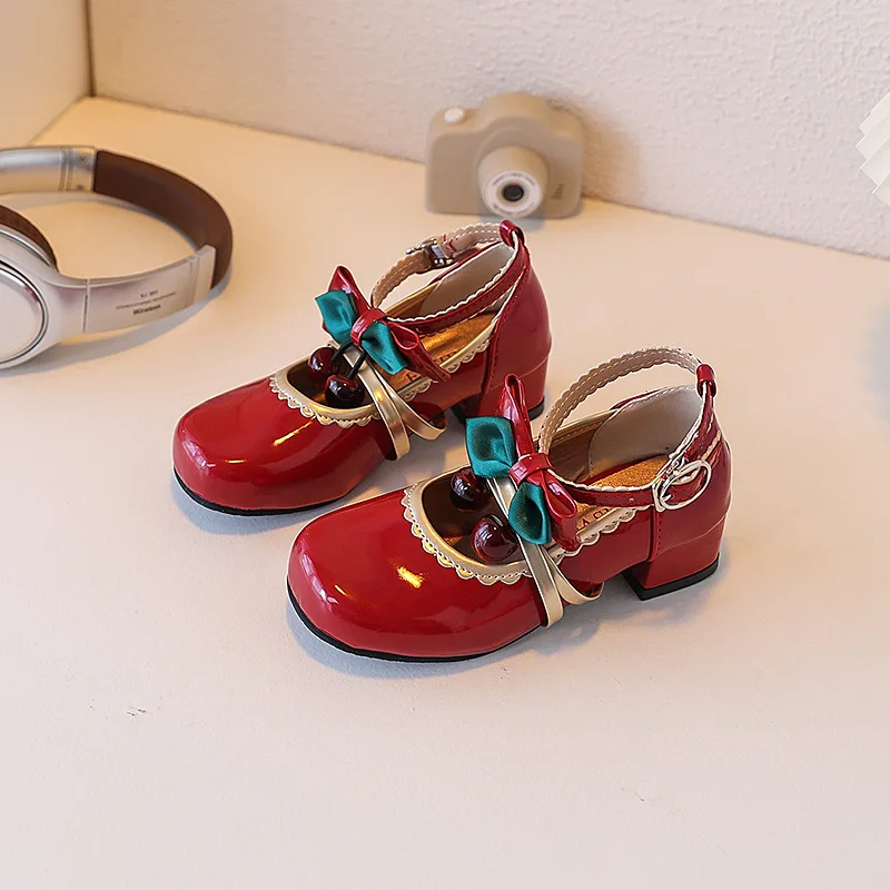 

2025 Autumn Fashion Girls' Mary Shoes Children’s Leather Shoes Thick Heel Round Toe Bow Princess Shoes for Baby Girls