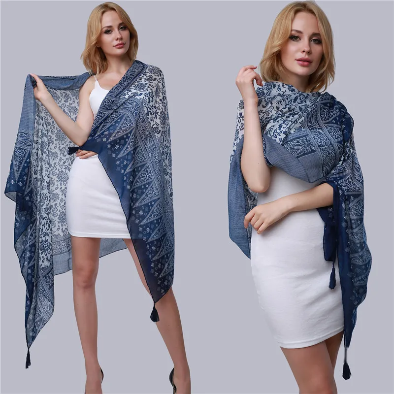 2023 Women Long Scarves Elegant Blue And White Porcelain Print Tassel Wraps Female National Style Beach Shawls