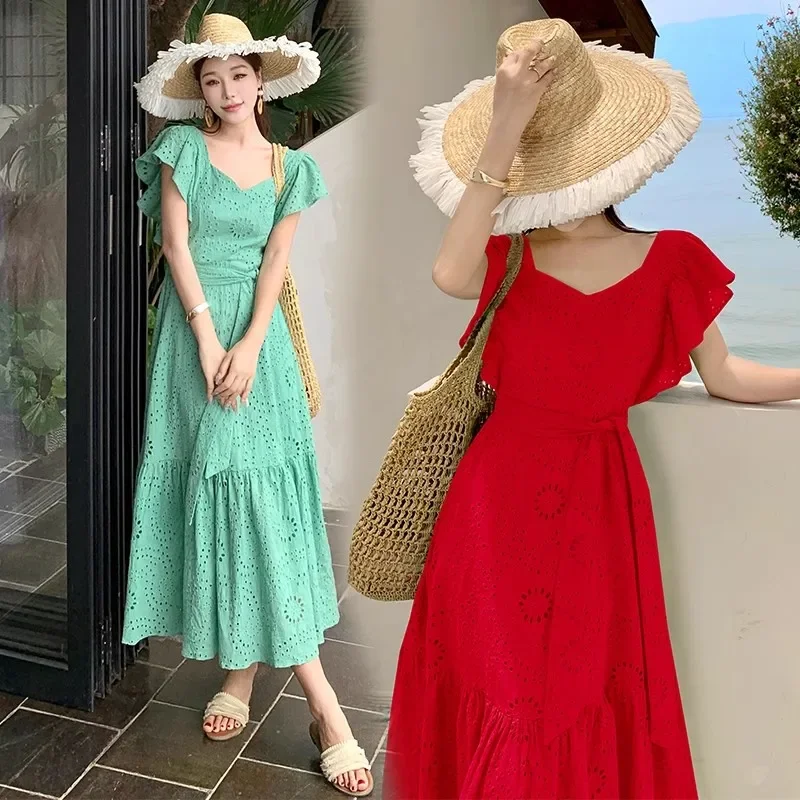 Boho Style Hollowed Out Embroidery Hook Flower Dress Retro Ruffled Flying Sleeve Seaside Loose Holiday Dress Long Summer Dress