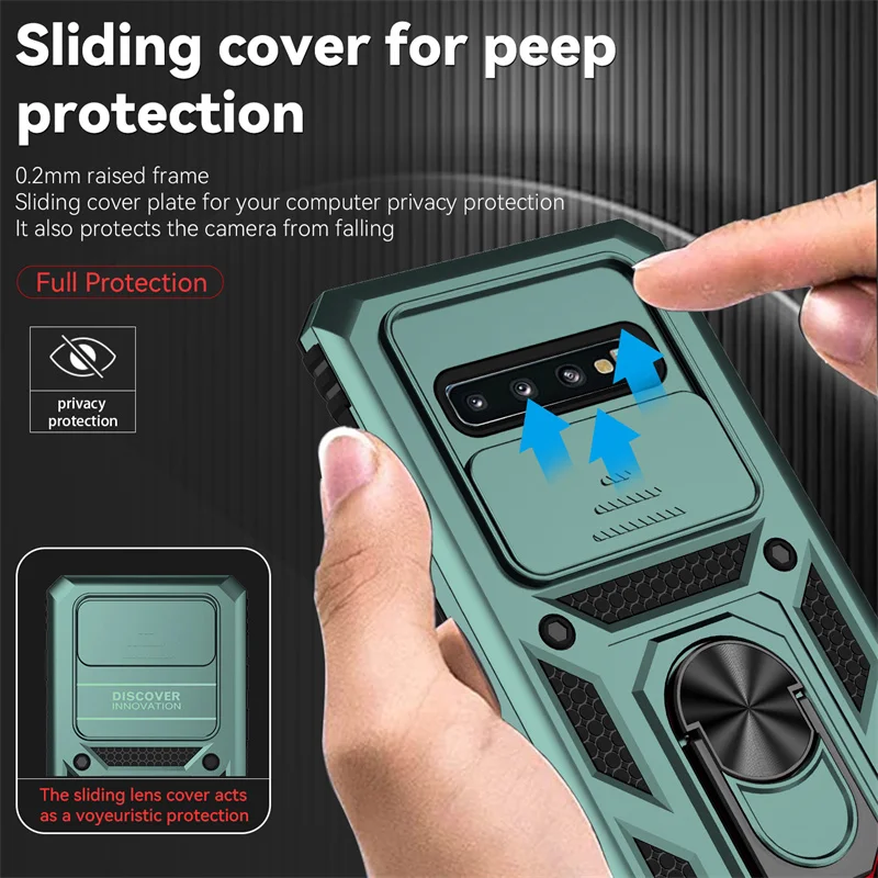 Shockproof Armor Case For Samsung Galaxy S10 Plus Slide Camera Protect Phone Case For Samsung S 10 S10+ Plus Ring Holder Cover