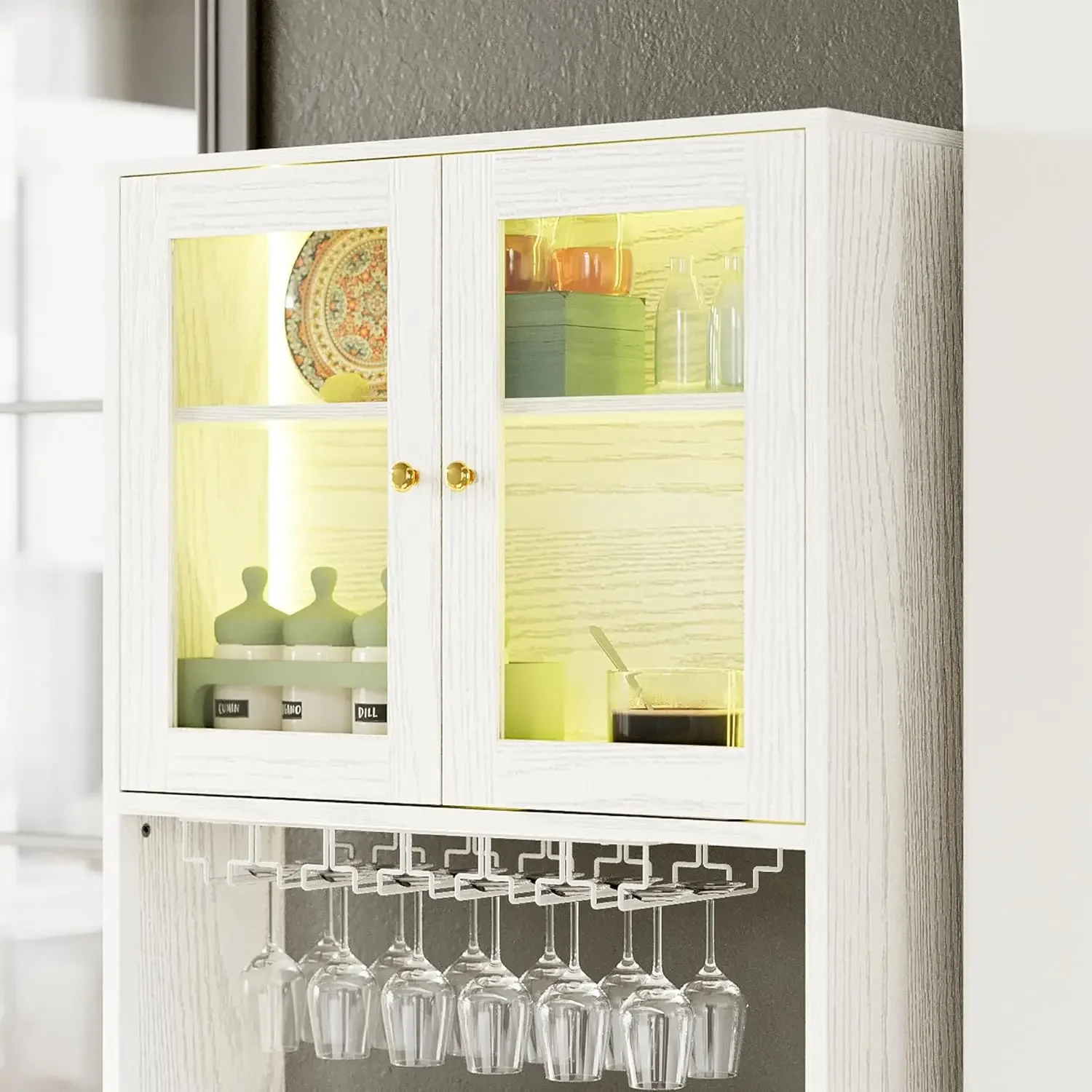 IlearCK-Armoires de bar avec lumière LED, barre d'alimentation et support en verre, grand, autoportant, français ou armoire, cuisine, 71 po