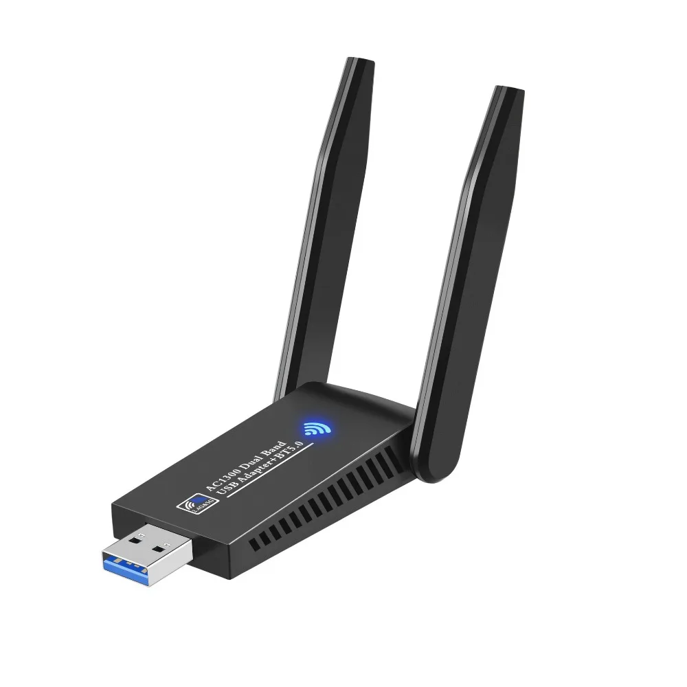 Adaptador USB WiFi de doble banda, diseño de 2 antenas, interfaz USB 3,0, controlador Dongle WiFi de 1300Mbps, potente tarjeta de red inalámbrica gratis