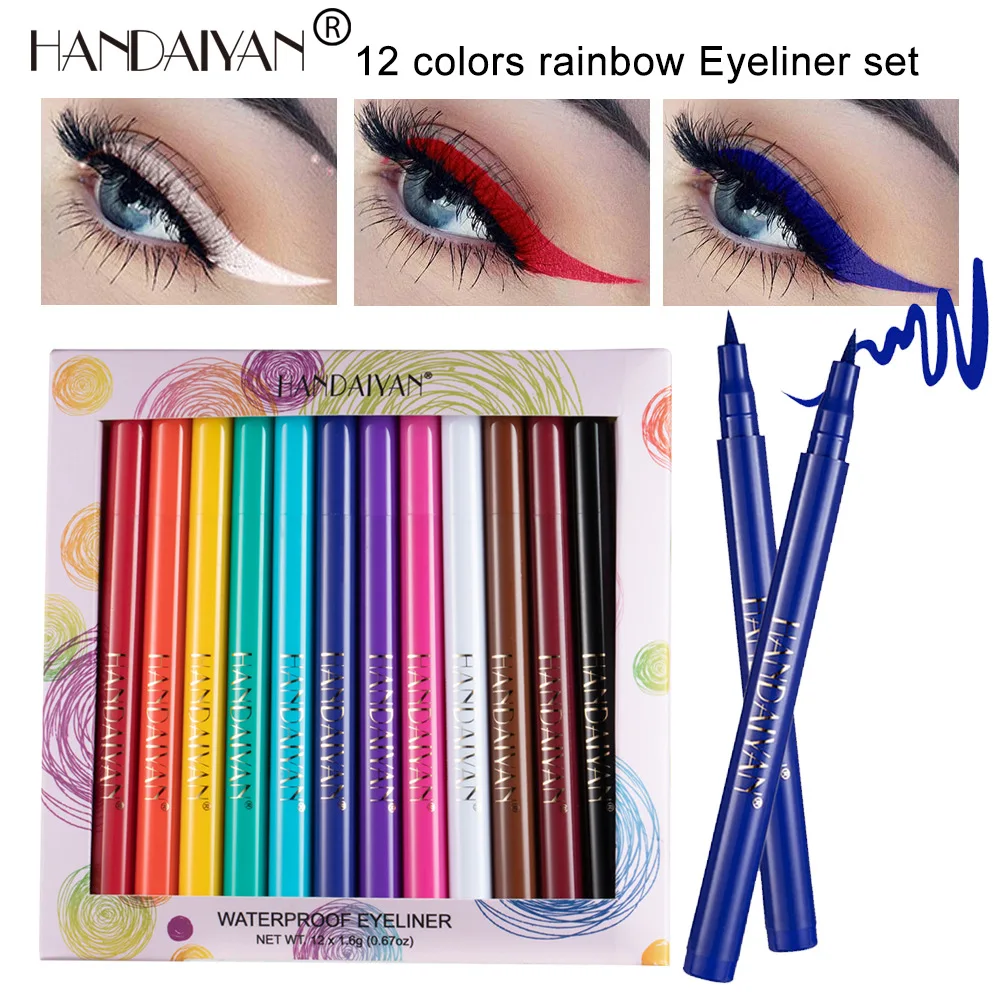 12 Kleuren Matte Eyeliner Potloodset Glitter Make-Up Waterdichte Kleurrijke Vloeibare Kristallen Diamant Eyeliner Pen Gel Make-Up Cosmetisch