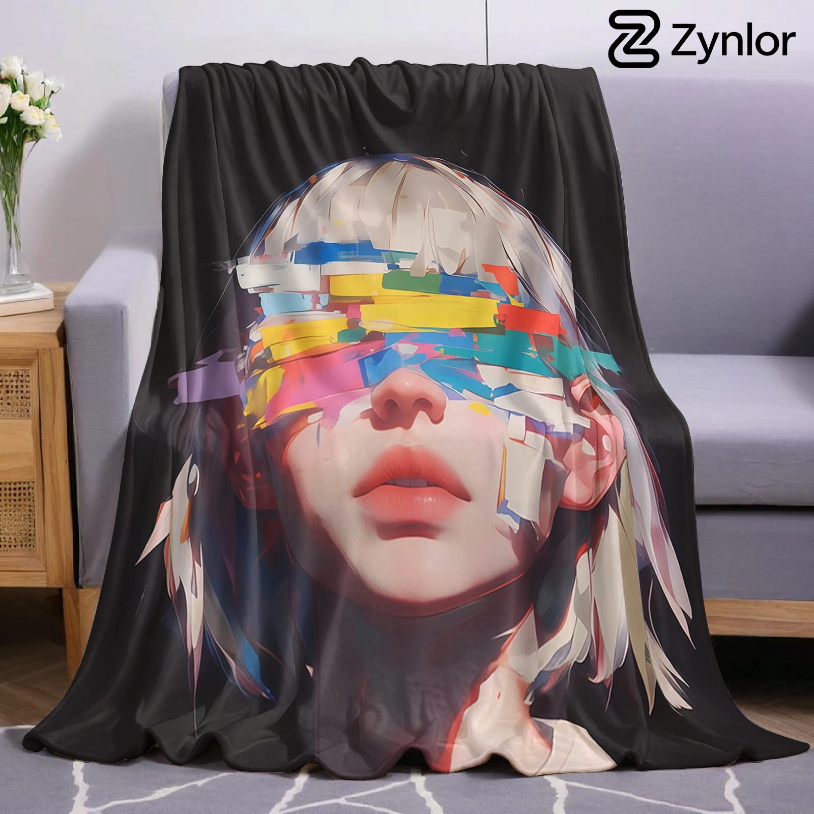 Colorful Glitch Portrait Lightweight Microfiber Flannel Blanket Soft Warm Cozy Throw All Season for Bed Sofa Office Travel Gift