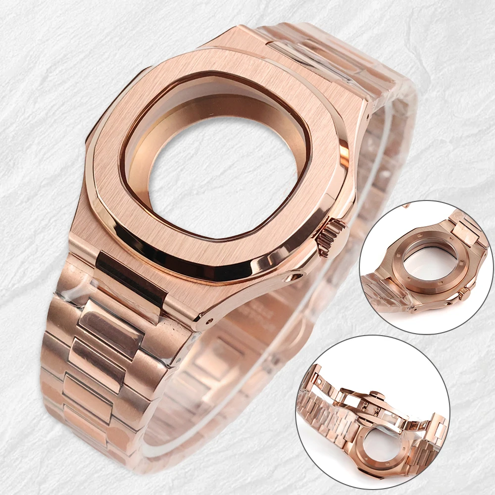 

40mm NH35 Watch Case For Modified Nautilus Seiko NH35 NH36 NH38 Movement 29.8mm Dial Rose Gold/Black Stainless Steel Bracelet