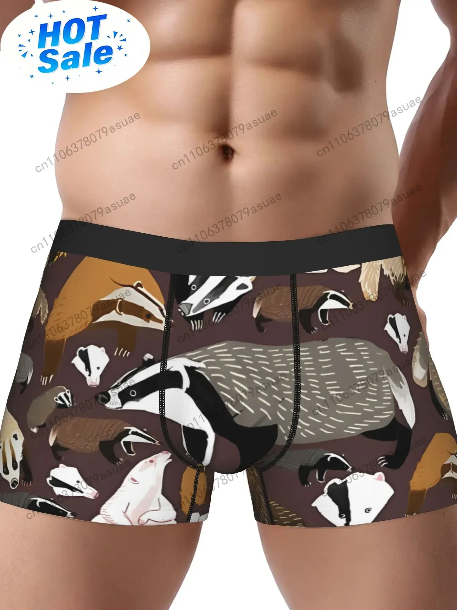 Men's European Badger Print Underwear - Polyester Briefs with Elastic Waistband Non-Transparent Hand Wash/Dry Clean Black