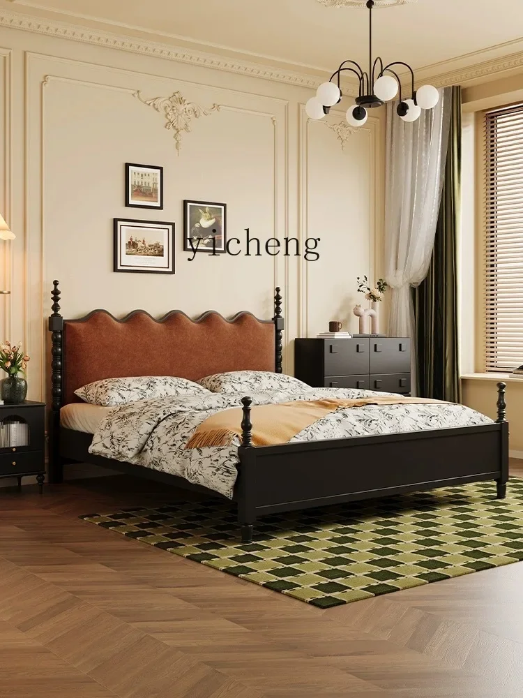 TQH antique double bed American retro all solid wood bed master bedroom new Chinese backrest soft bag wedding bed