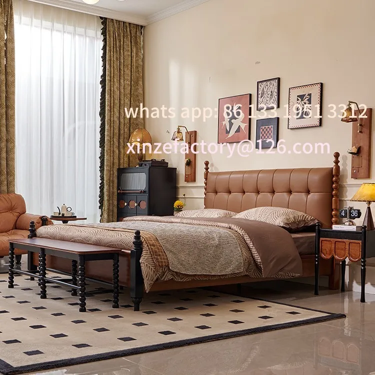

Customizable American retro solid wood bed double bed bedroom furniture light luxury minimalist style bed