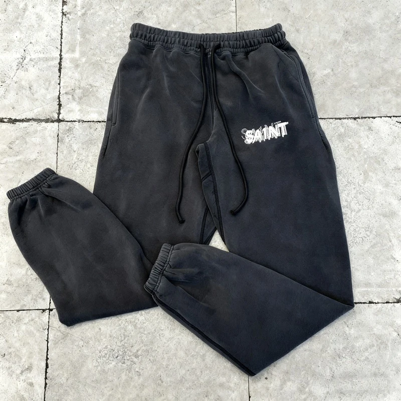 25SS جديد سانت السراويل الرجعية رسالة إعادة مطبوعة طباعة غسلها القديمة فضفاض الصوف Sweatpants الرباط مرونة الخصر بنطلون #4