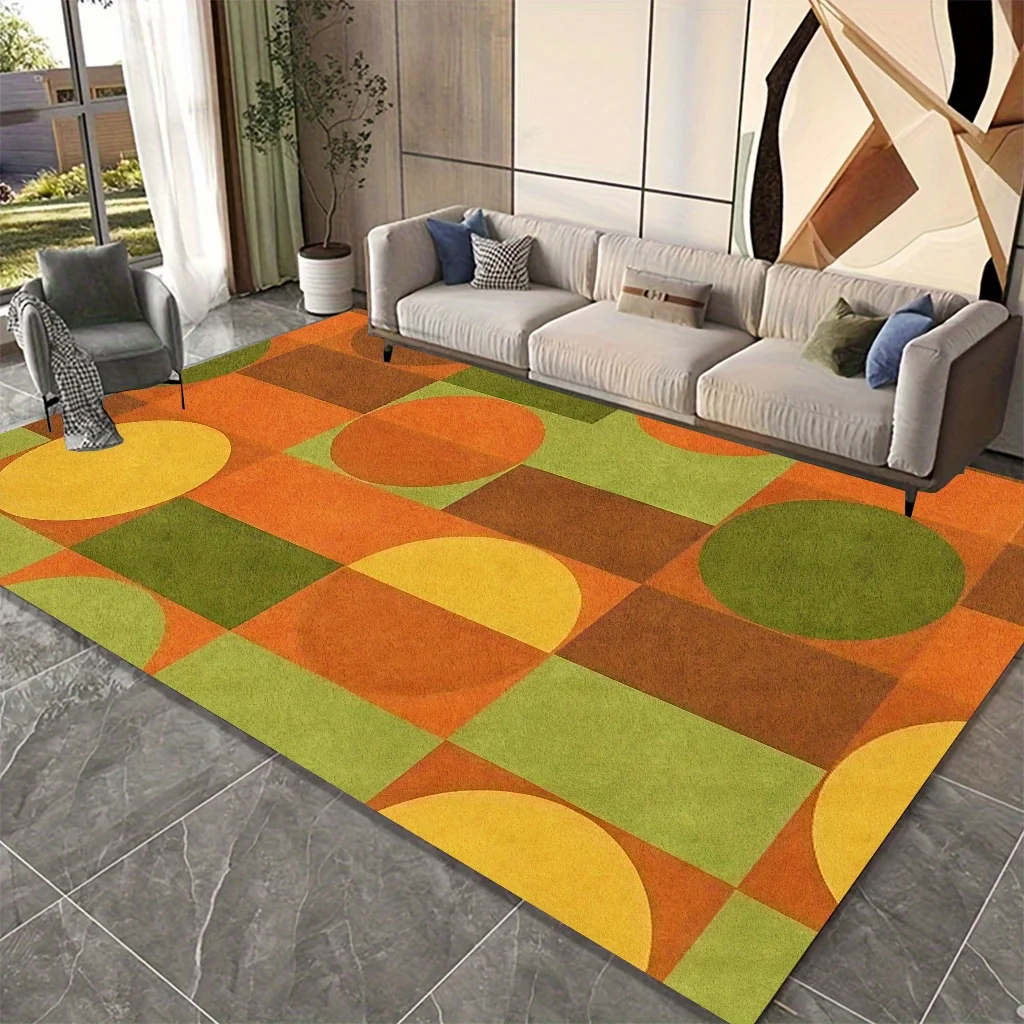 VIKAMA Mid‑Century Geometric Area Rug,Non‑Slip Mat,Retro Circle Square Color Block Print Carpet Living Room Bedroom Home Decor