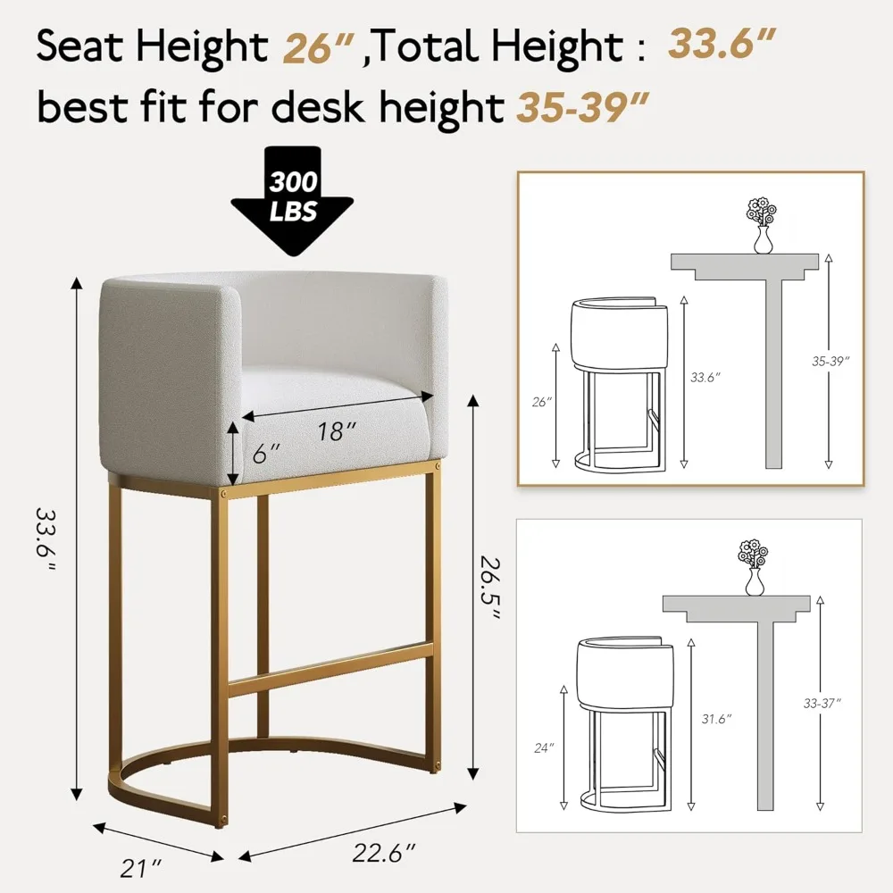Elegant Linen-Covered Swivel Bar Stools, 26 High Kitchen Counter Stools with Metal Gold Frame