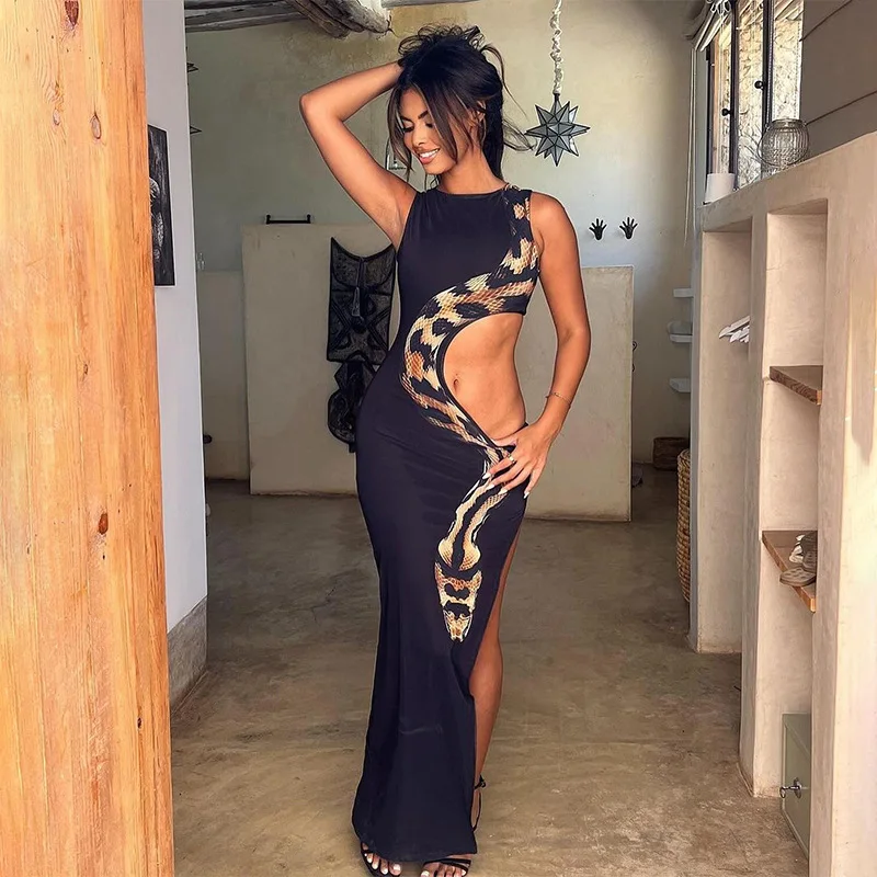 

Fashion Black Snake Printed Hollow Out Long Dress Women Sexy O Neck Sleeveless High Split Slim Robes 2024 Lady Party Night Gowns