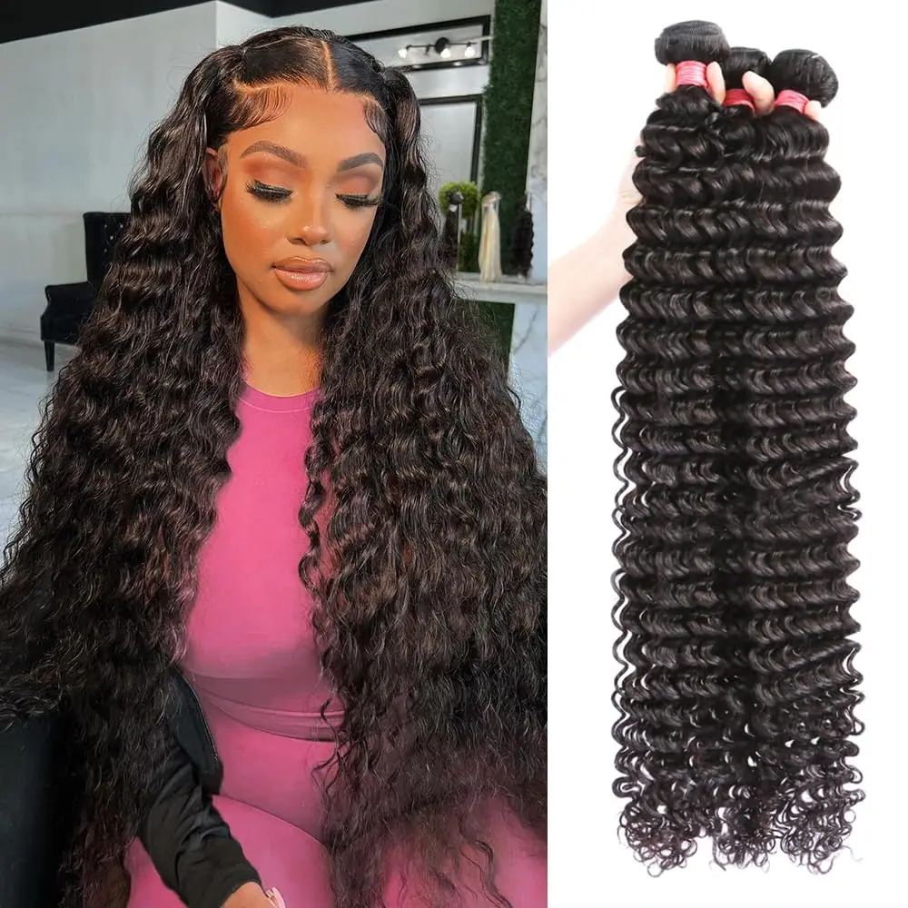 

12A 100% Unprocessed Raw Deep Wave Human Hair Bundles - 18/20/22 Inch 3 Bundles CurlyBrazilian Human Hair Extensions Quick Weave