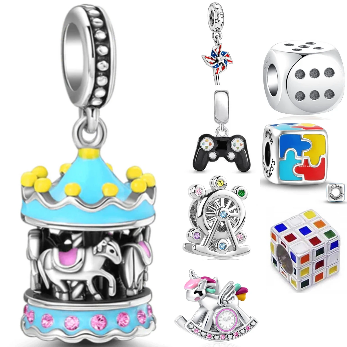 Hermosa Plata pura 925, serie informal, cubo de Rubik, dados, carrusel, cuentas colgantes aptas para pulsera de dijes originales, joyería DIY para mujer