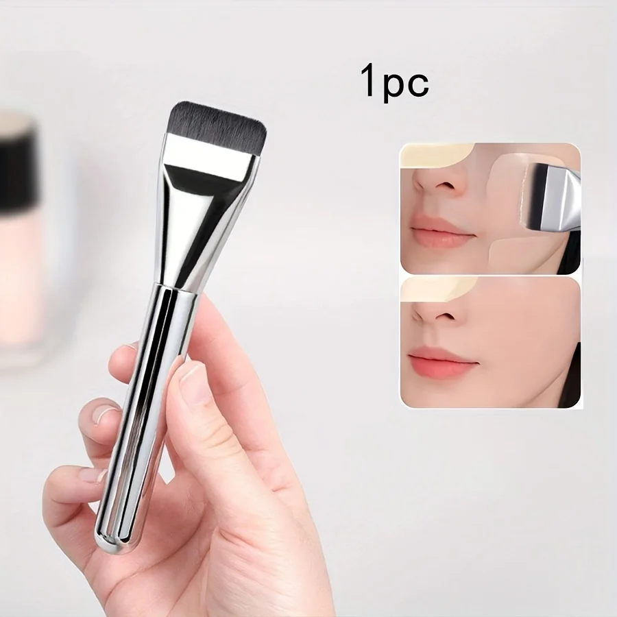 Pacote com 2 pincéis de base com cabeça plana prateada, cerdas ultrafinas, ferramentas de maquiagem com cabelo de nylon, adequados para base líquida