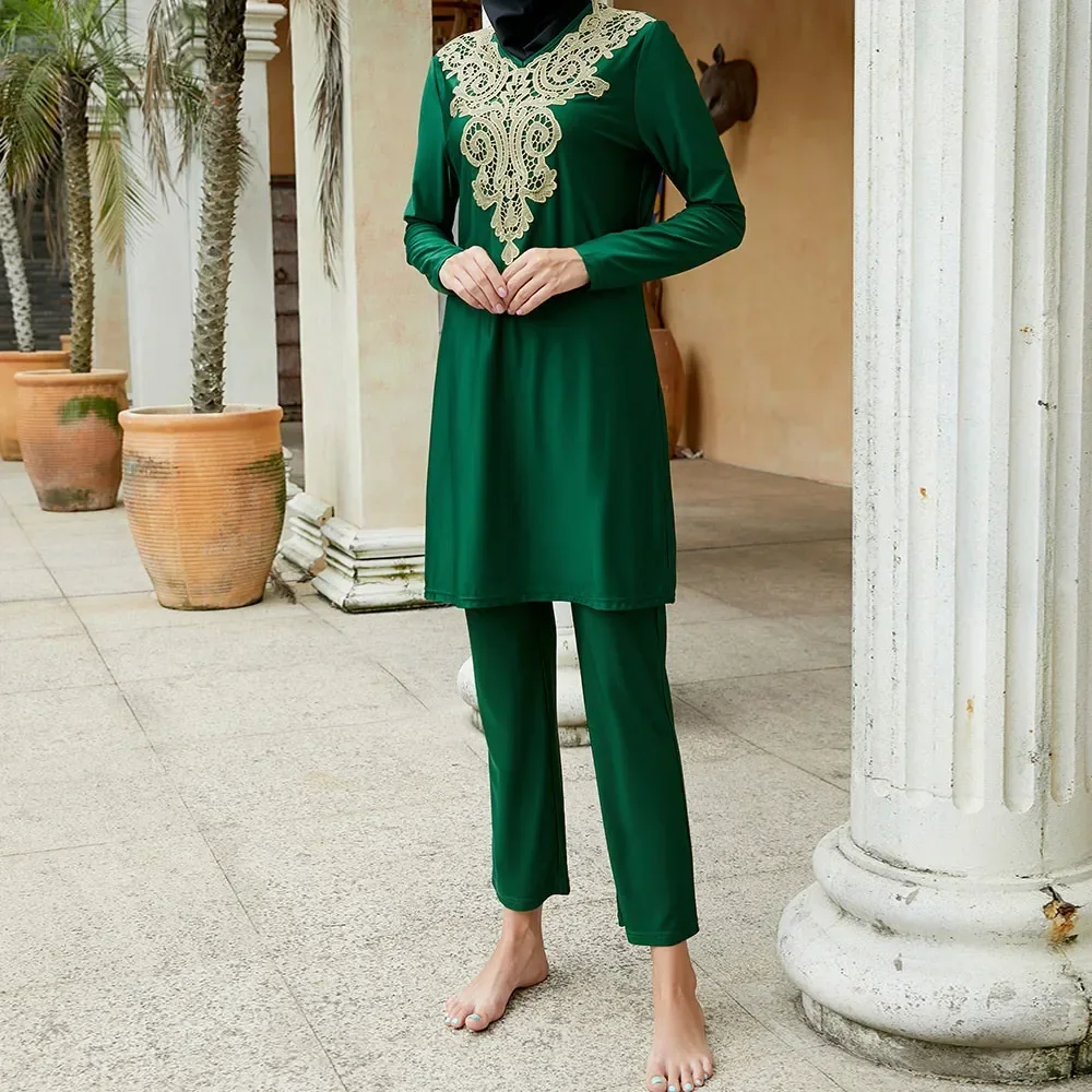 

2026 Arrival Stylish Muslim Swimwear 3 Piece Long Robe Embroidery Swimming Hijab Suit Muslimah Hijab Swimsuit Islamic Swimwear