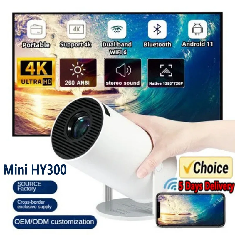 Nuevo Proyector Portátil para Exteriores MIINI HY300 4KWifi 1080P 1280*720P HD Cine en Casa Películas Video Proyector LED Proyección de Videojuegos