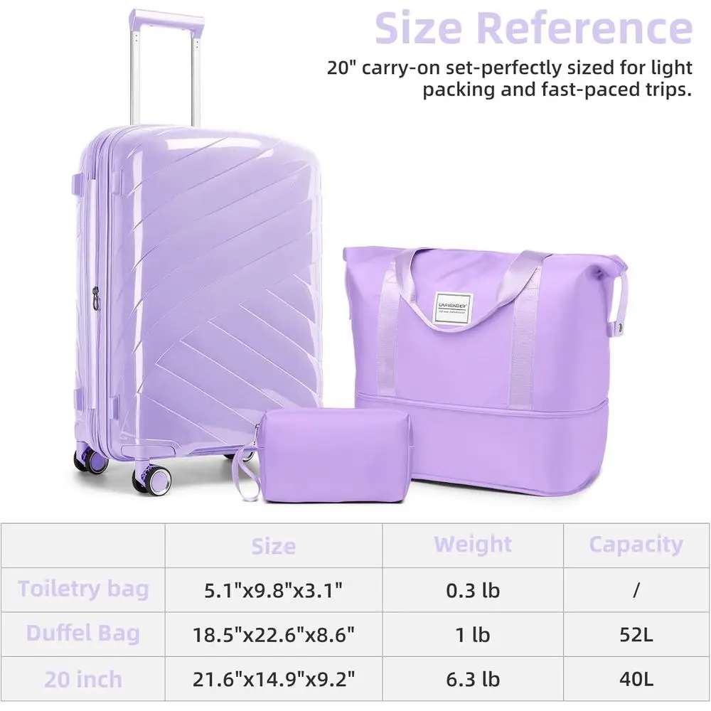 20 Inch Lavender Expandable Hardshell Spinner Luggage Set for Women, Airline Approved Carry-On Suitcase