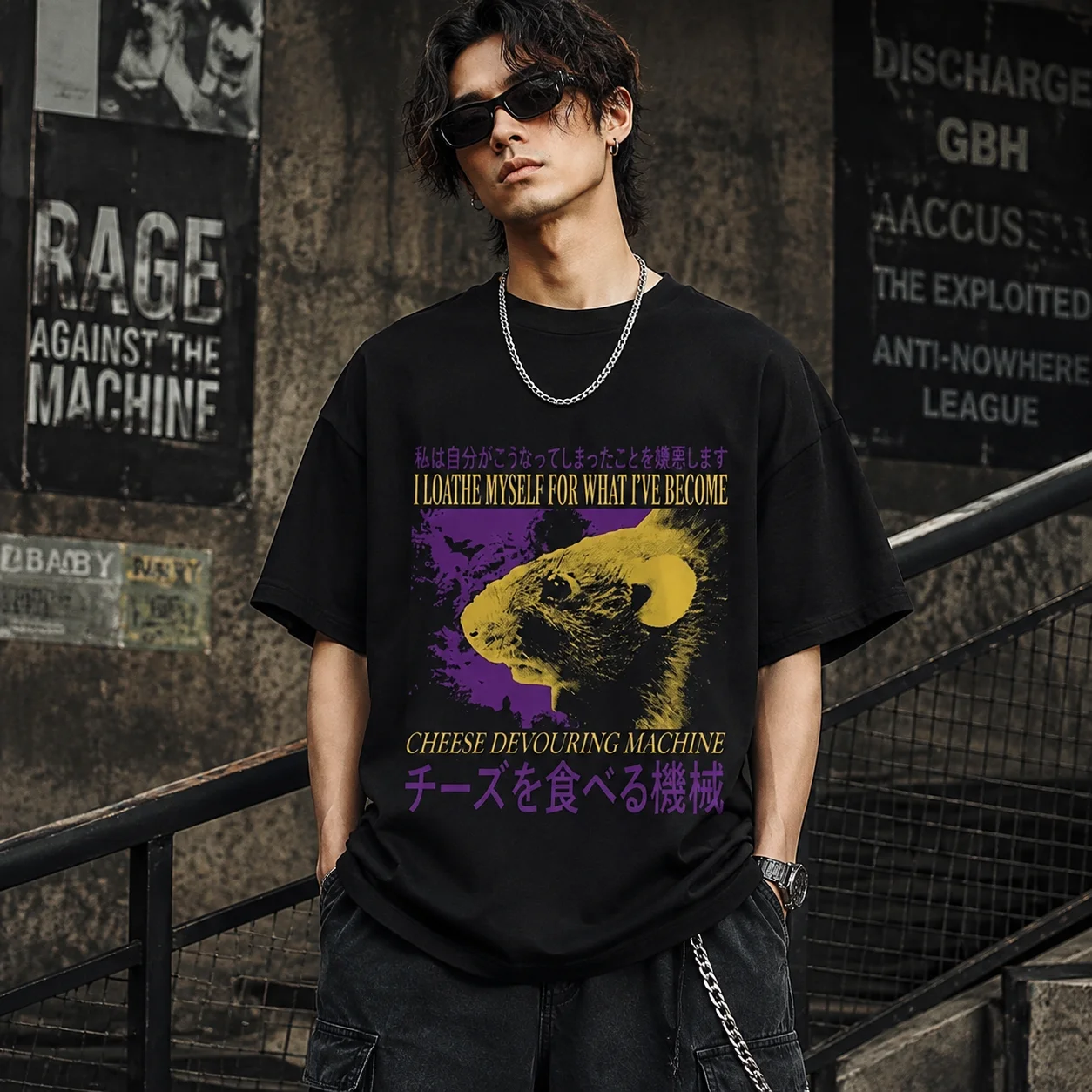 Funny Cheese Devouring Machine Japanese Rat Graphic T Shirts Men Vintage Fashion O-Neck Oversized T-shirt Y2k Unisex