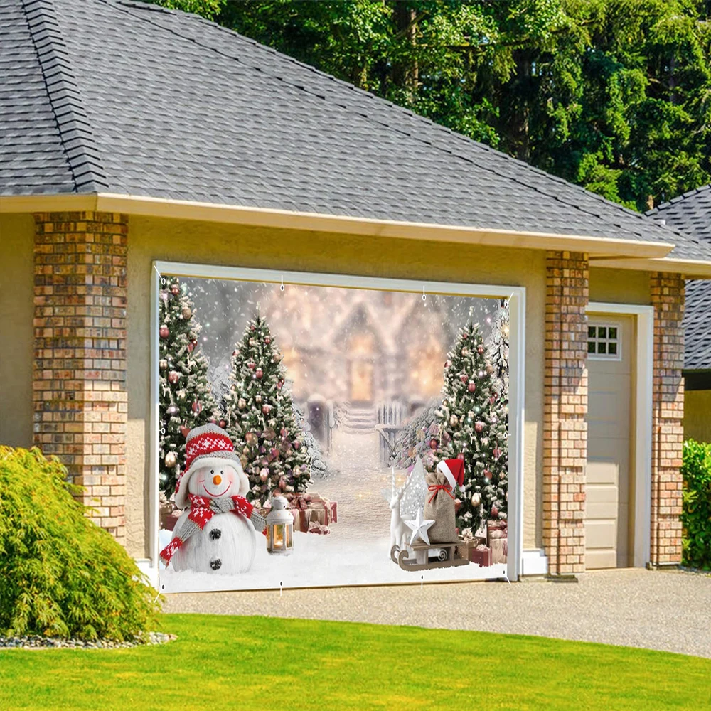 Christmas Garage Door Banner Decor Xmas Tree Winter Snowman Large Mural Entryway Festive Party Background Decoration Backdrop