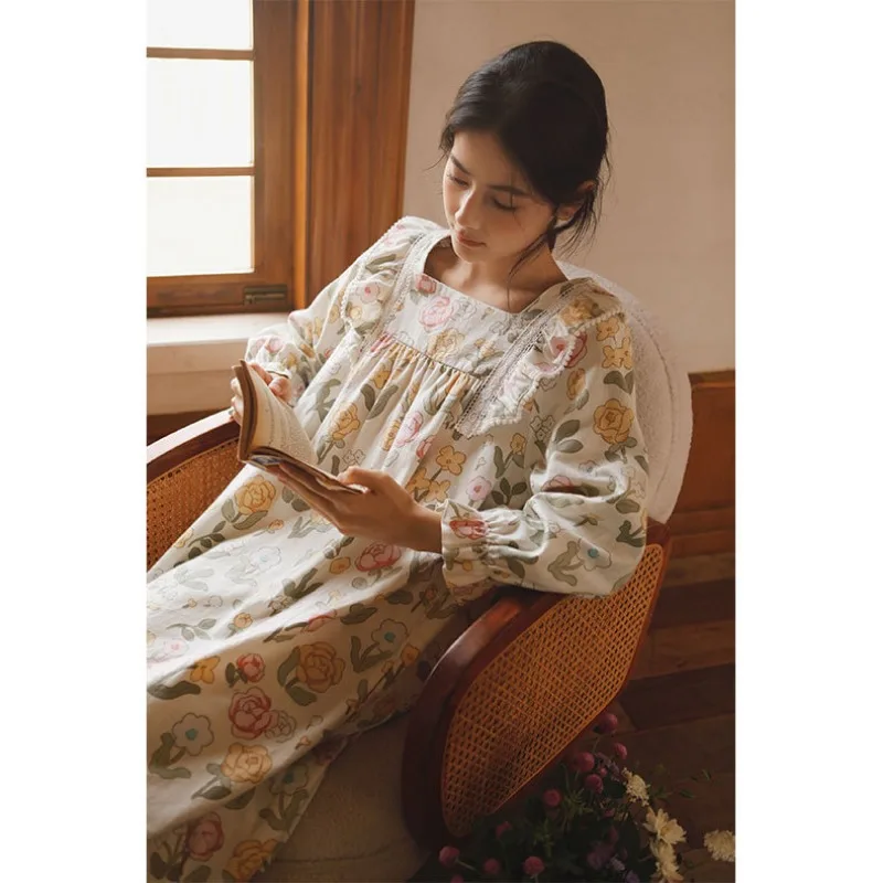 2023 Autumn Cotton Flower Fragrance Plant Print Night Dress Women\'s Soft Long Sleeve Pajama Skirt Brushed Fabric Lace Nightgowns