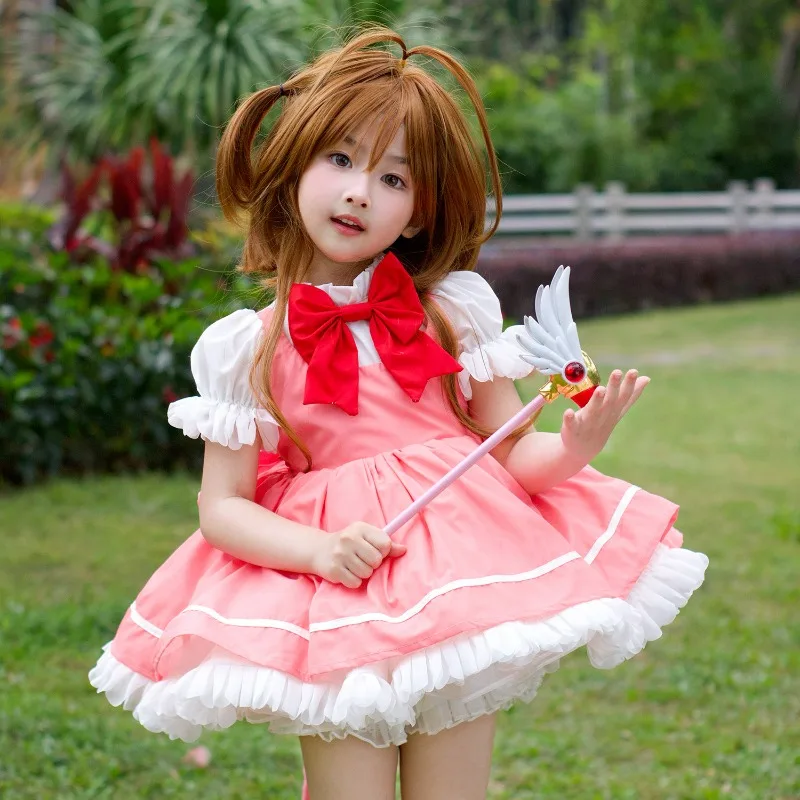 Girls Anime Kinomoto Sakura Cosplay Costume Wig Magic Staff Lolita Dress Uniform Full Set Halloween Party Role Play Suit - view 3