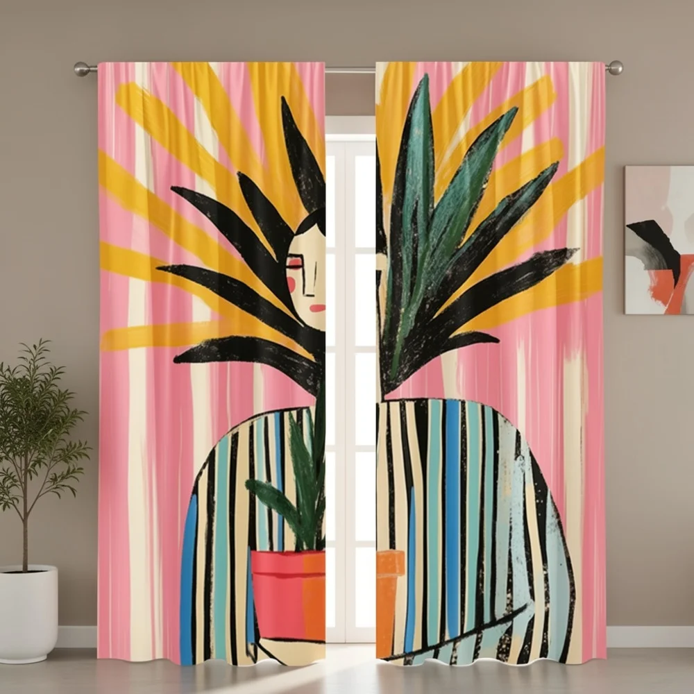 2PCS Digital Print Curtains, Modern Abstract Figure with Potted Plant Pattern Pink, Picasso Art Style for Bedroom ／ Creative