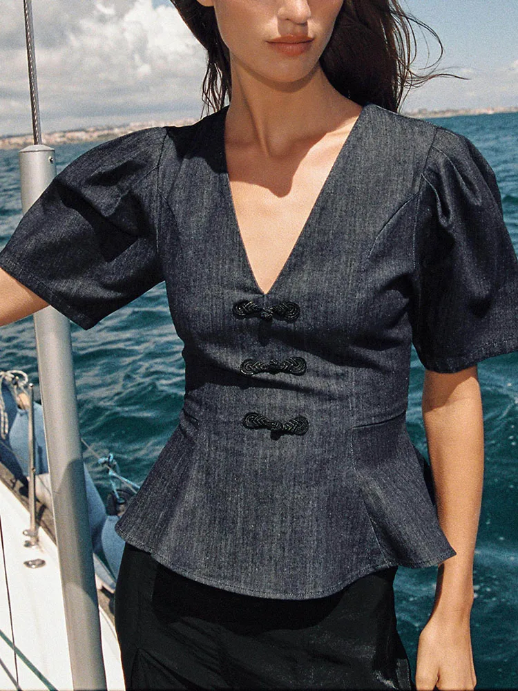 

Women's Summer New Versatile Short Sleeve V-neck Short Skirt Style Waist Cord Buckle Top Chinese Style Clothing