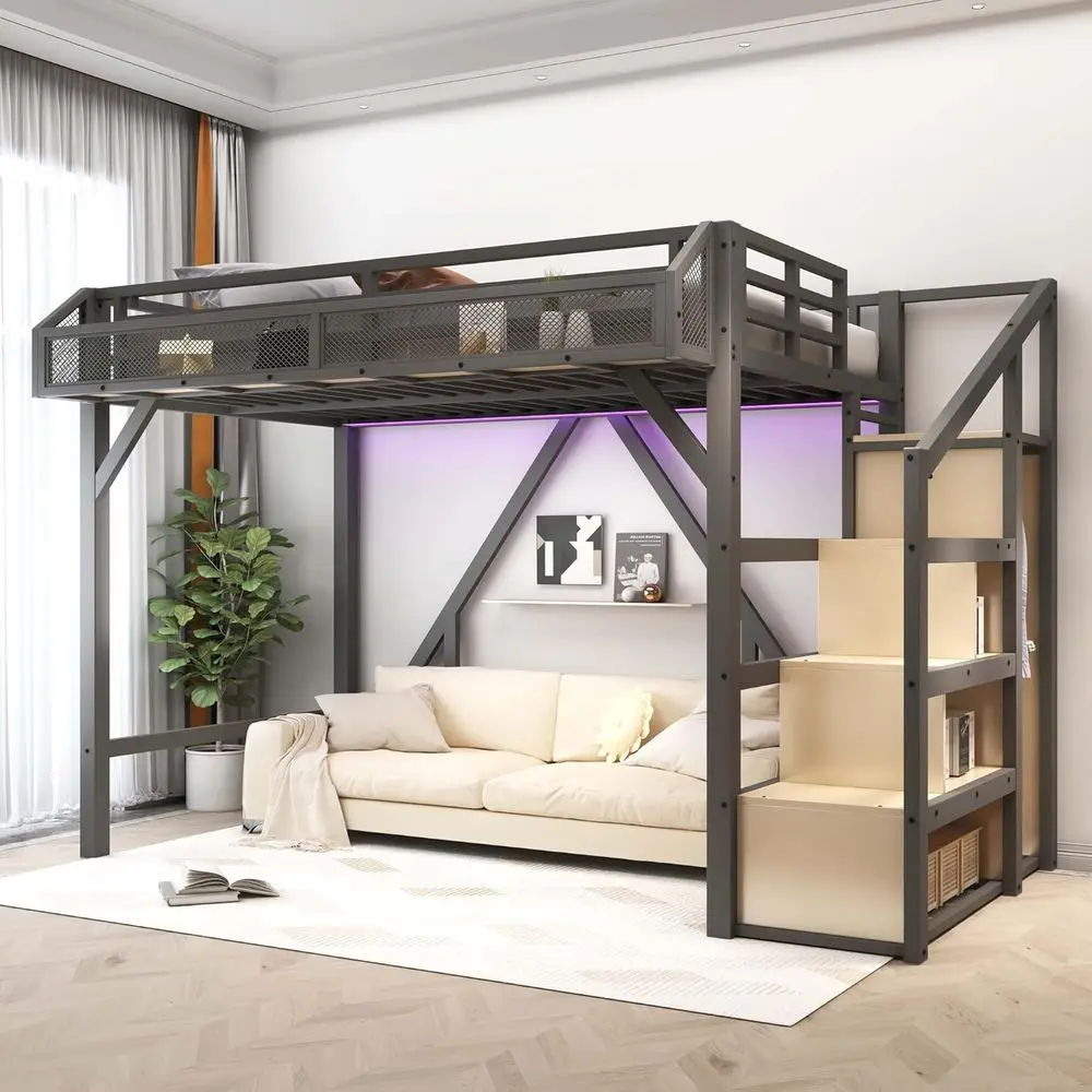 

Двуспальная кровать Twin XL с платформой, ступеньками для хранения, светодиодной подсветкой, USB-портами, металлическим каркасом, открытым шкафом, подходит для детей и взрослых, черная.