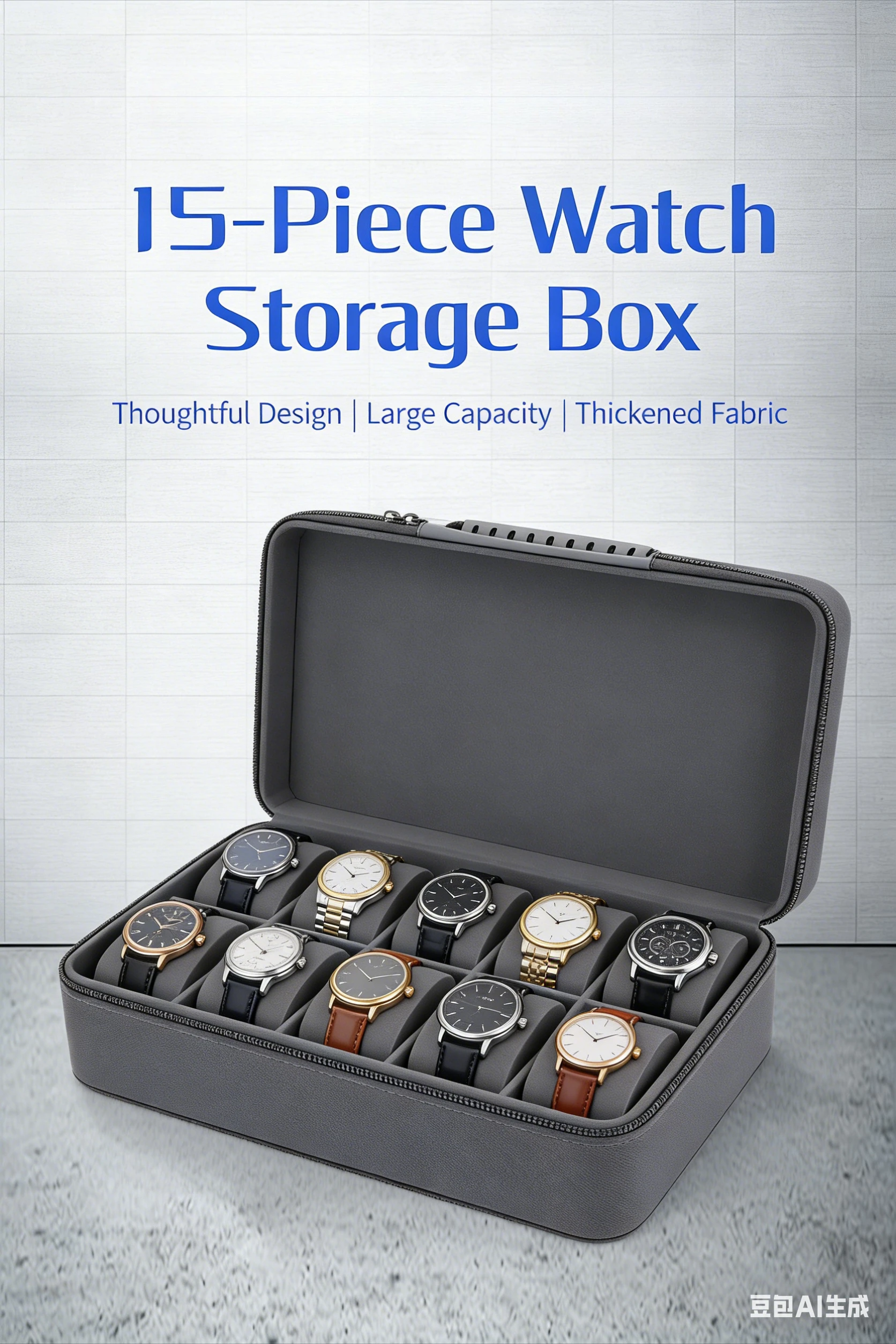 Hard-Shell 15 Slots Watch Storage Organizer Case, Watch Carry Box Fit Large And Small Watches, With Soft Foam Pillow