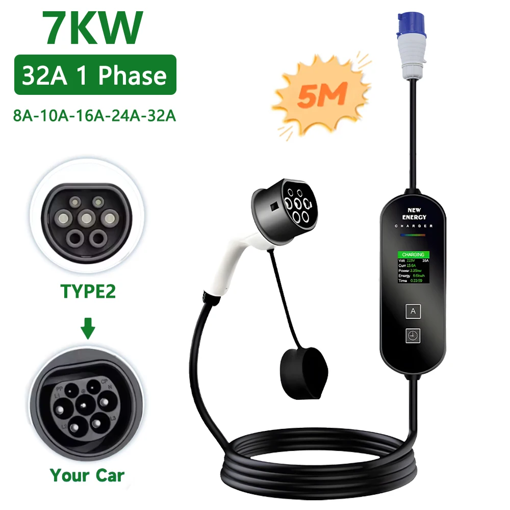 16A/32A 3.5KW/7KW EV Portable Charger EU Plug and Charge Pile Type2 Electric Vehicle Car Charger 5M Charging Cable Version EVSE