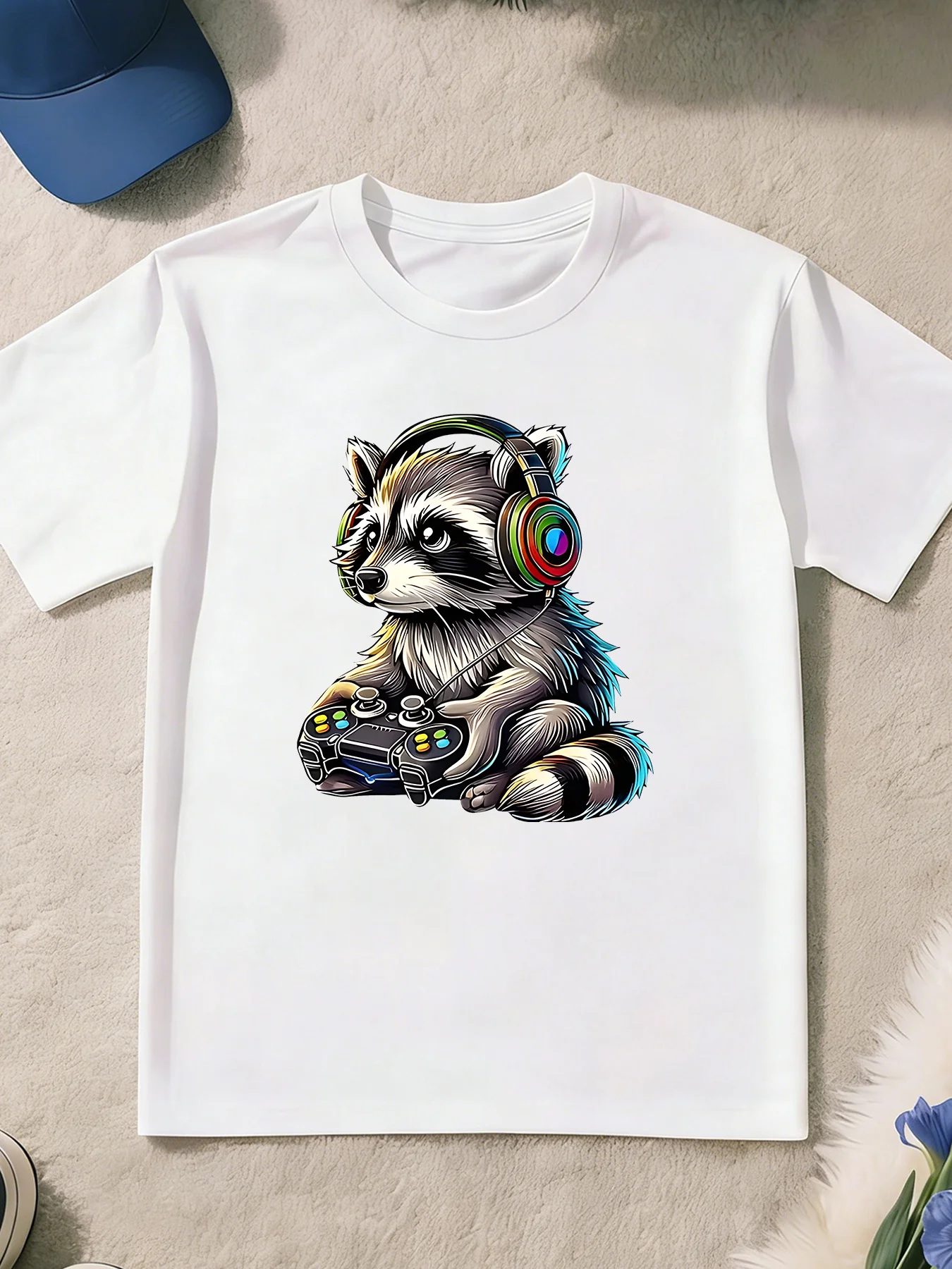 Kids  Cotton Tee Cute Rainbow Headset Gaming Raccoon With Gamepad Graphic Crew Neck Short Sleeve Game Lover Casual Tops