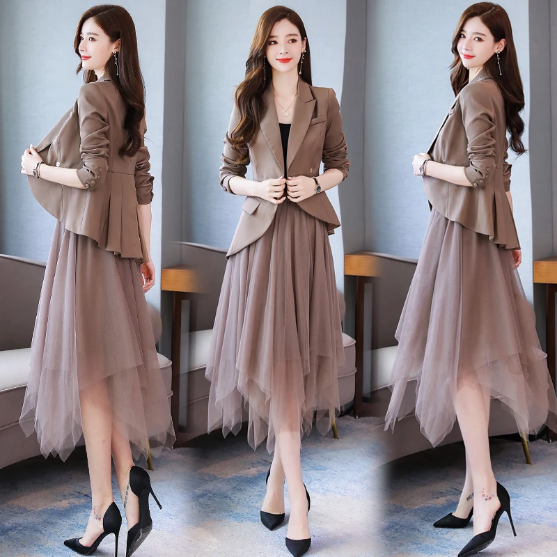 New Spring Autumn Office Lady Casual Belt Jacket Blazers Women\'s Asymmetry Mesh Tulle Skirt Suits Temperament Slim Sets