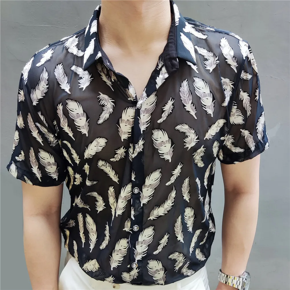 

Mannen Kleding Transparent Shirt Men Veren Patroon Shirt Club Summer Sexy Shirt Designer Shirt Short Sleeve Slim Fit Shirt Men