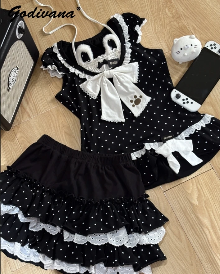 

Original New Summer Girls Daughter's Cute Skirt Sets Kawaii Pure Cotton Bowknot Bunny Ear Polka Dot T-shirt Mini Cake Skirts
