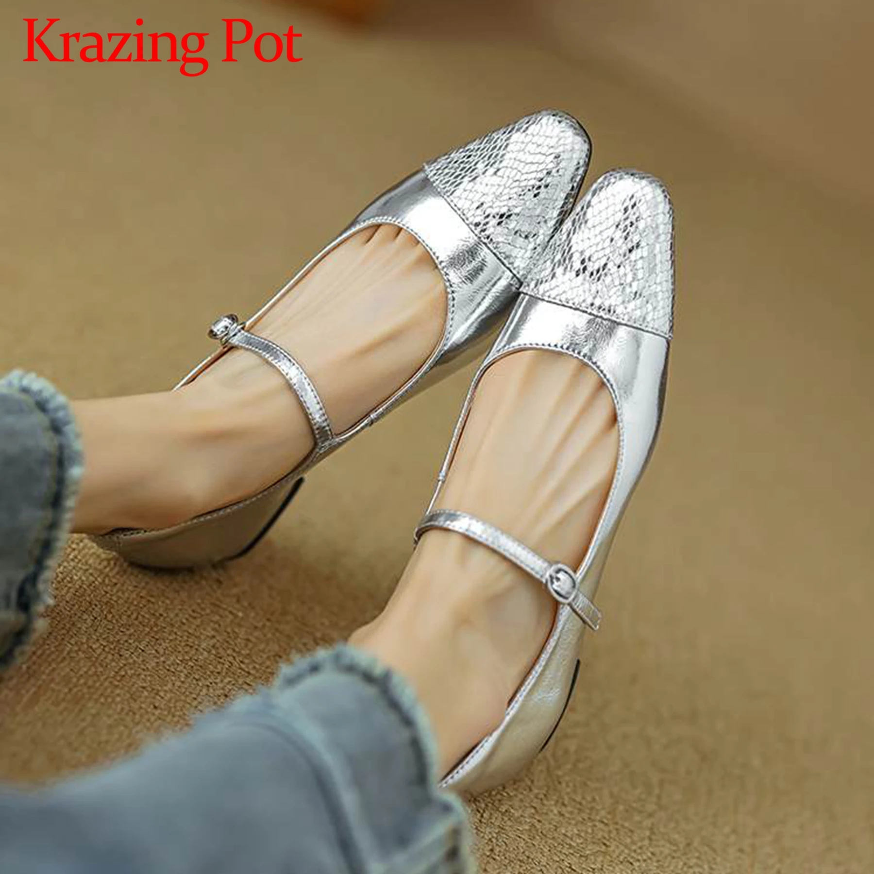 Krazing Pot Cow Leather Metal Buckle Straps Low Heels Summer Fashion Square Toe Mary Janes Sequin Cloth Daily Wear Women Pumps