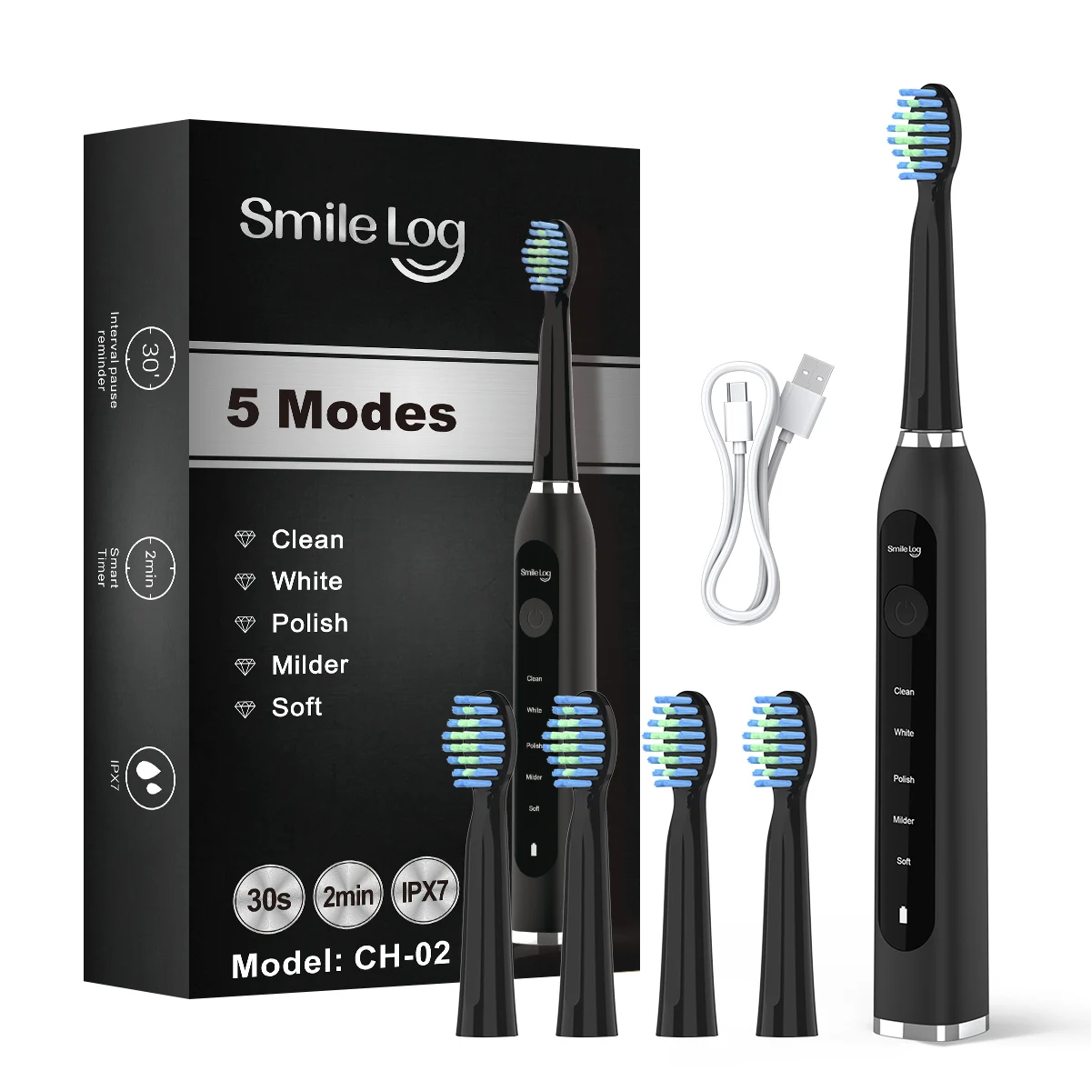 Smilelog EB513 Sonic Toothbrush 39800VPM IPX7 Waterproof 60-Day Battery 5 Modes 4 Brush Heads Type-C