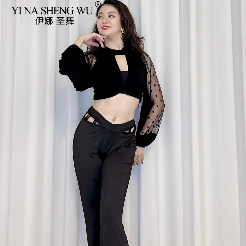 Buikdanskostuum Vrouwen Mesh Garen Modale Lantaarn Mouw Holle Hoge Taille Broek Beginner Prestaties Outfit Oosterse Danskleding