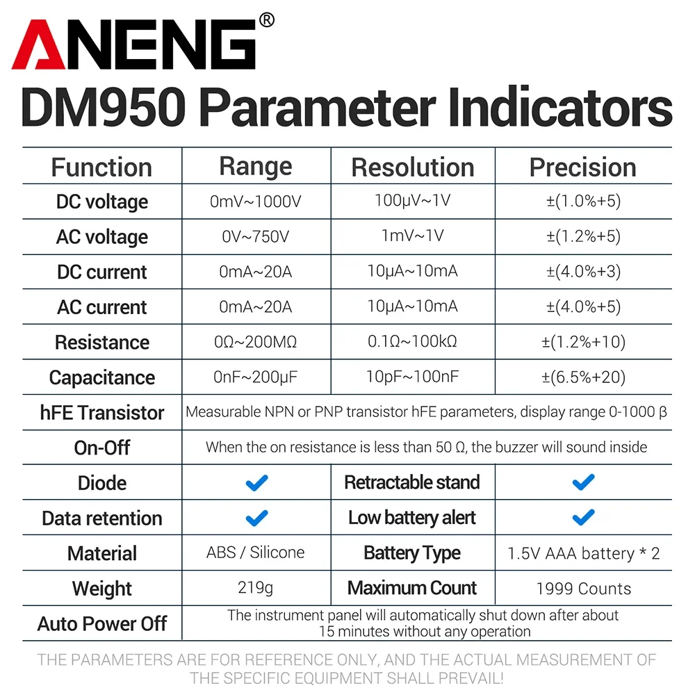ANENG DM950 Handheld Digital Multimeter1999 CountsAC DC Voltage Current Ohm Capacitance NCV hFE Detector Electrician Tools