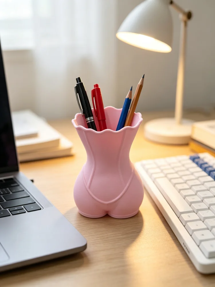 Creative Lingerie-Style Waist-Shaped Desktop Storage Tube, 3D Printed Female Torso Design with Wide Ruffled Wave-Shaped Edge, Matte Pink Pla Material, Retro Details, Sweet and Cool Girl Aesthetic, Soft and Trendy Desktop Ornament, Multifunctional Stationery Pen Holder, Makeup Brush Storage Box, Suitable for Office Desk, Dormitory, Study, Dressing Table, Compact Size for Small Spaces, Desktop Organizer to Say Goodbye to Clutter, Creative Gift for Girlfriend, Best Friend, Women on Birthday or Valentine's Day