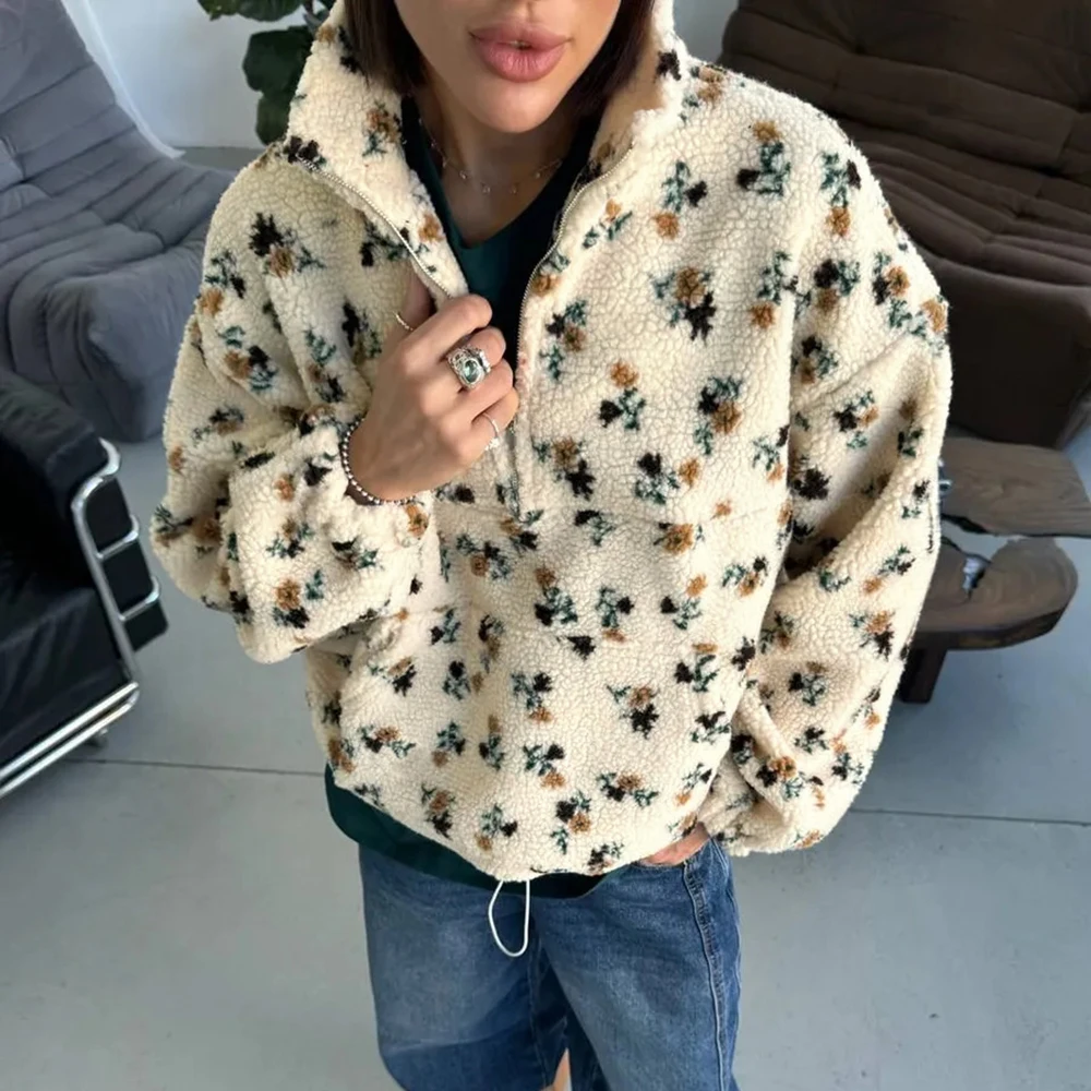 

Talenza Fashion Print Sweatshirt Women Autumn Vintage Contrast Oversized Casual Pullover Chic Streetwear Commuter Female Outwear