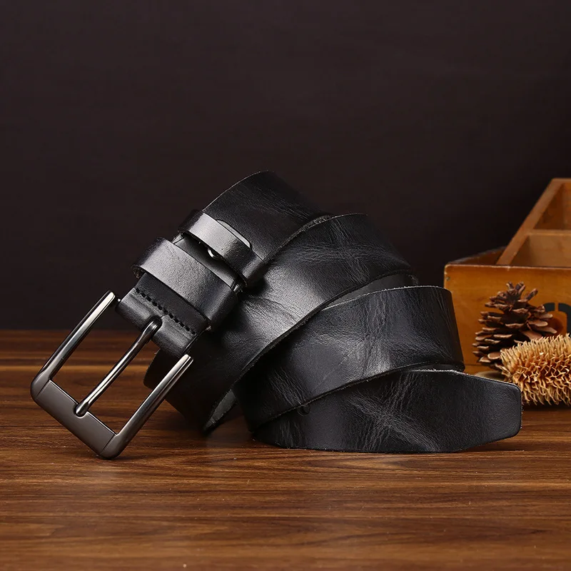 3.8cm Washed Retro Distressed Pleated Belt Men's Genuine Leather First Layer Cowhide Denim Casualworkwear Pants Belt