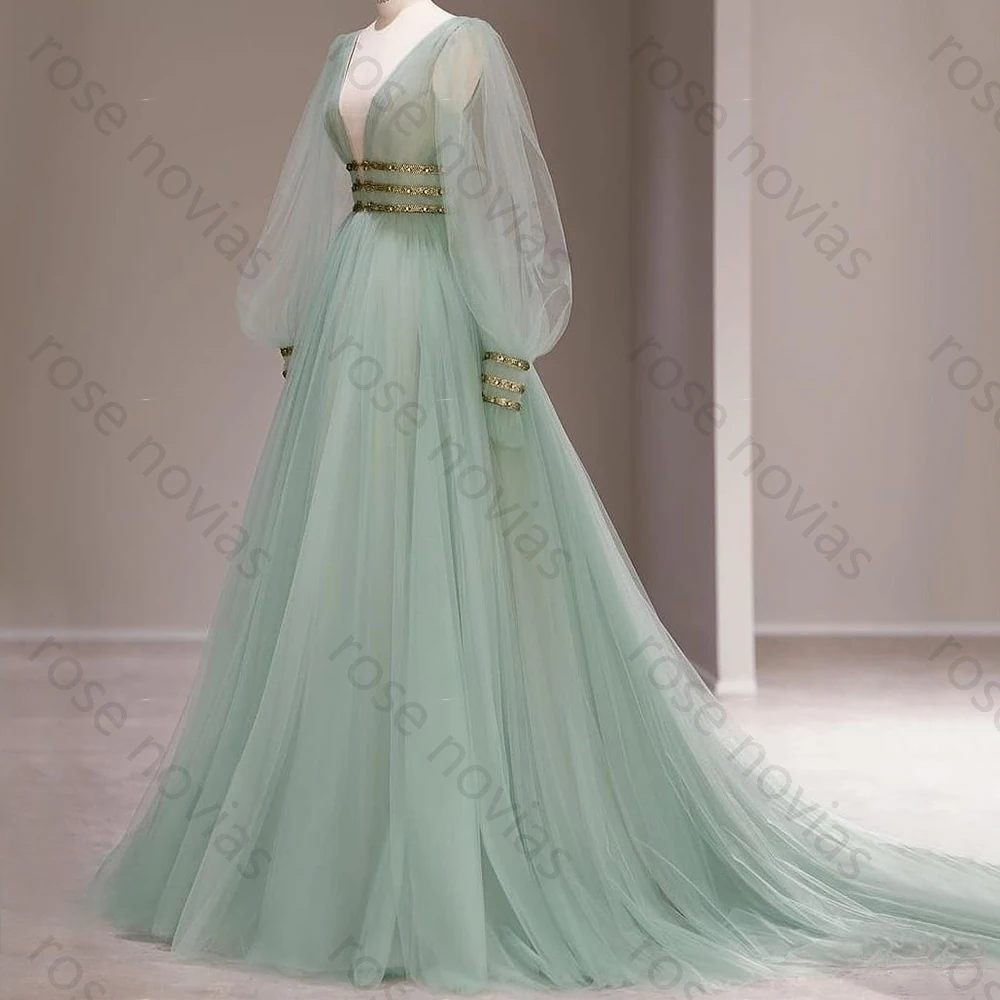 High Quality Tulle A-Line Evening Dress V-Neck Illusion Lantern Long Sleeve with Beading Sweep Train Women Customized Prom Gown