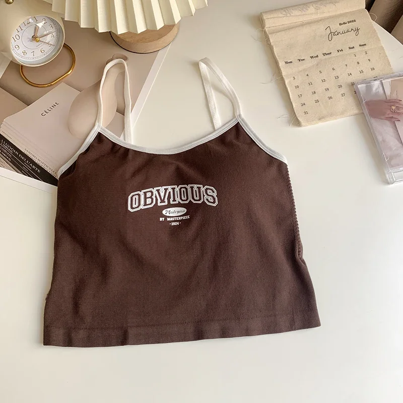 Women with Padded Bra Crop Tops O-neck Solid Crop Tops 2024 Summer Letter Printing Tops Spaghetti Camisole