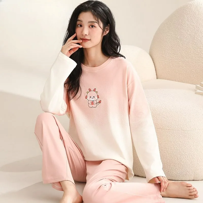 Pyjama en pur coton à manches longues pour femmes, pull de printemps, ensemble de vêtements de nuit FjSleepwear, dessin animé féminin, col rond, vêtements d'intérieur simples imbibés