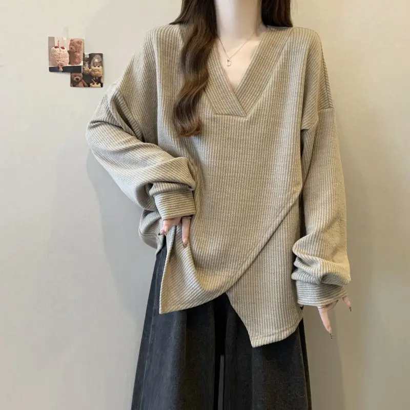 Textured Cross Design Long Sleeve Top for Women 2025 Spring and Autumn New Loose Slimming Base Shirt