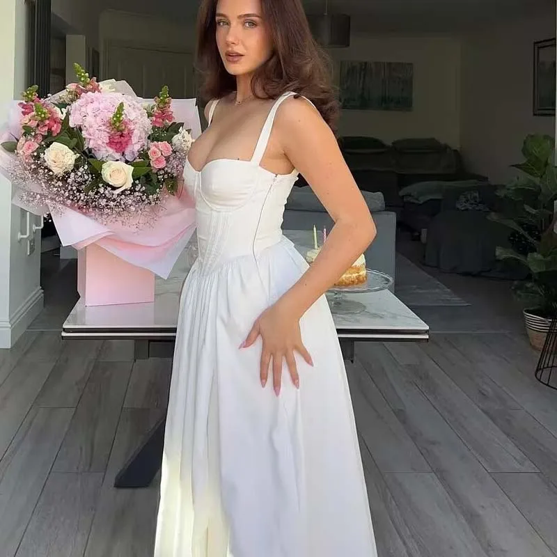 YENKYE Sexy Elegant Women Front Slit Sling A-line Midi Sundress Lace Up  Holiday Party Dress Black White Cotton Robe
