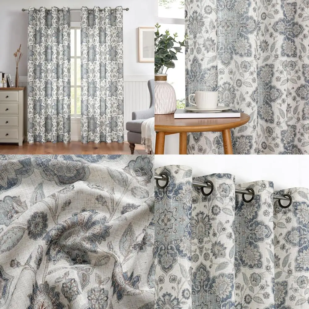 

Винтажные льняные шторы с цветочным узором, 54x95 дюймов, темно-синие, светопропускающие, комплект из 2 панелей для домашнего декора