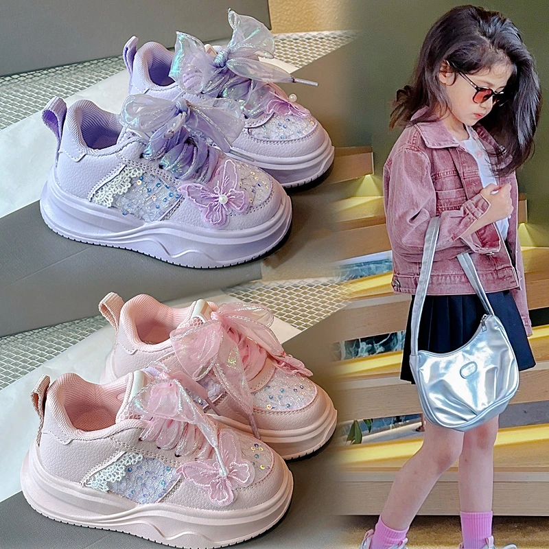 

Girls Casual Sneakers Size 21-30 Pink Butterfly Breathable Girls Single Shoes Four Seasons Light Purple Soft Kids Running Shoes